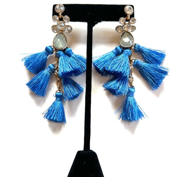 Gorgeous Vibrant Multi Tiered Drop Blue Tassel Earrings with Crystal Rhinestone - Picture 1 of 9